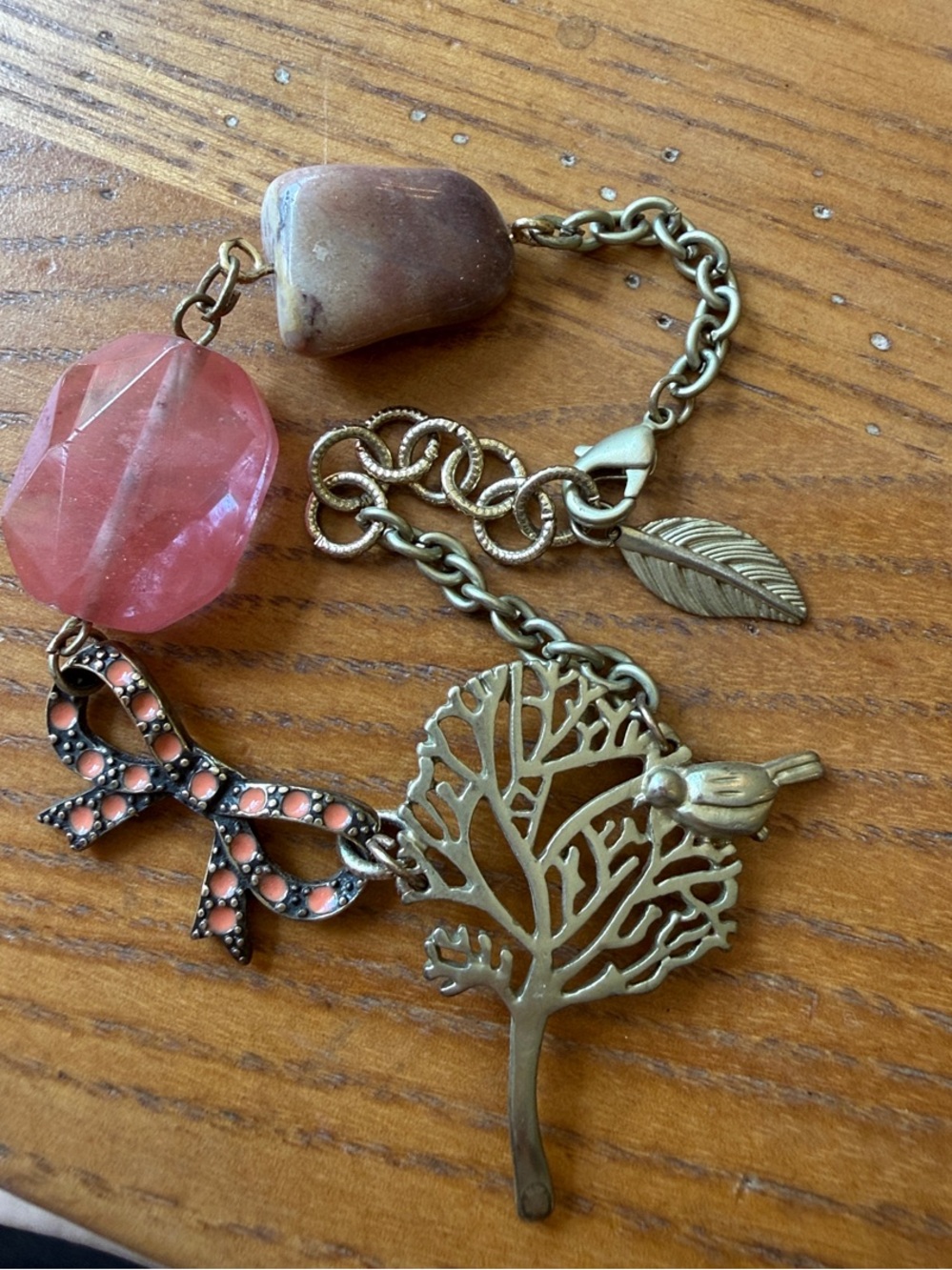 Gemstone and Brass Tree Charm Bracelet with Bow Accent